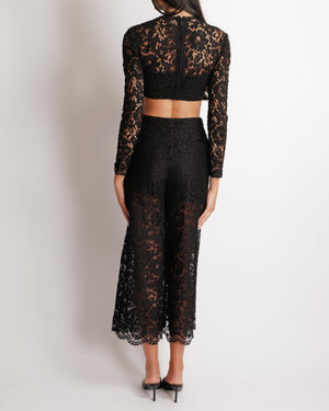 Valentino Black Lace Long-Sleeved Crop Top and Wide Trousers Set Size 40 (UK 8)