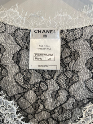 Chanel White and Black Lace Short Sleeve Top with Black CC Logo Detail Size FR 38 (UK 10)