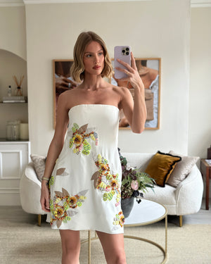 Chloé White Strapless Mini Dress with Embellished Floral Detail Size FR 38 (UK 10)