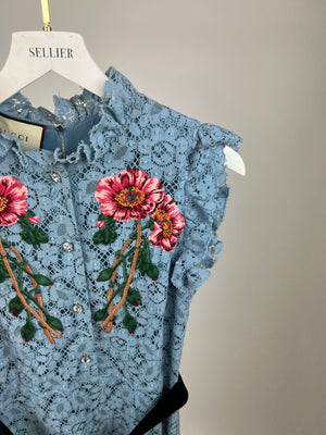 Gucci Blue Lace Short Sleeve Dress with Floral Embroidered Detail IT 40 (UK 8)