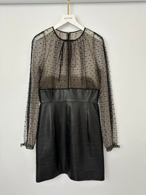 Valentino Black Long Sleeve Lace See Through Mini Dress with Leather Skirt Detail Size IT 40 (UK 8)