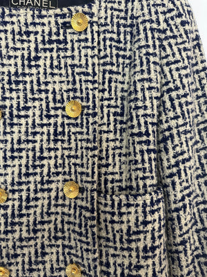 Chanel White and Navy Tweed Double Breasted Jacket with Gold Flower Button Detail FR 36 - 38 (UK 8 - 10)