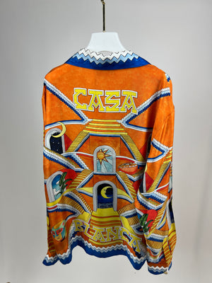 Casablanca Orange & Navy Escalier Infini Printed Satin Shirt IT 42 (UK 14)