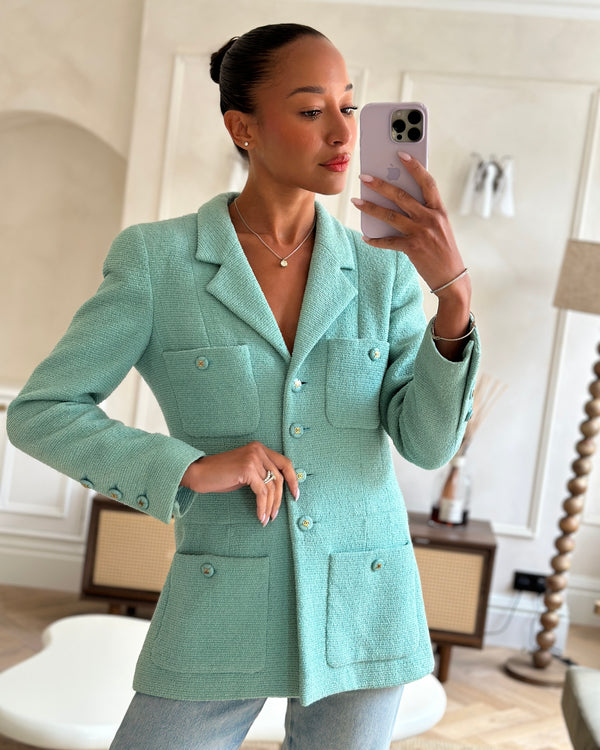 Chanel Tiffany Blue Tweed Jacket with Blue and Gold CC Button Details Size FR 40 (UK 12)