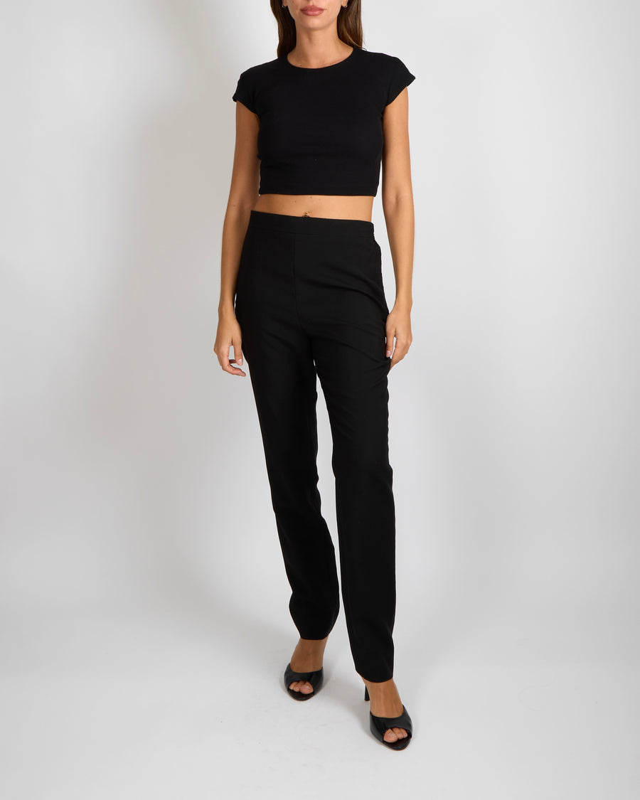 Balenciaga Black Wool Straight-Leg Trousers with Satin Back Flap Size FR 38 (UK 10)