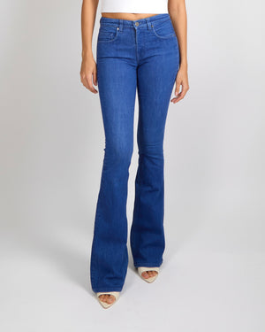 Victoria Beckham Blue Flared High-Waisted Jeans with Silver Button and White Back Logo Patch Size 24 (UK 6)
