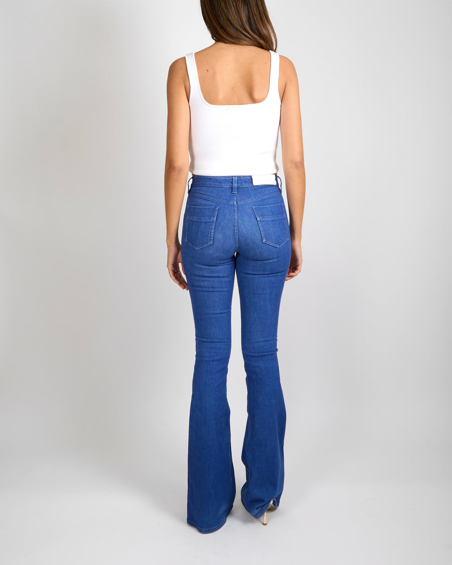 Victoria Beckham Blue Flared High-Waisted Jeans with Silver Button and White Back Logo Patch Size 24 (UK 6)