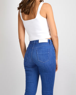 Victoria Beckham Blue Flared High-Waisted Jeans with Silver Button and White Back Logo Patch Size 24 (UK 6)