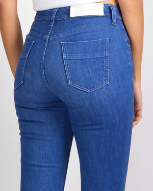 Victoria Beckham Blue Flared High-Waisted Jeans with Silver Button and White Back Logo Patch Size 24 (UK 6)