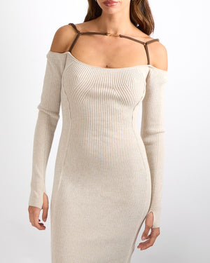 Jacquemus La Robe Sierra Knit Ribbed Midi Dress in Beige with Brown Fr –  Sellier