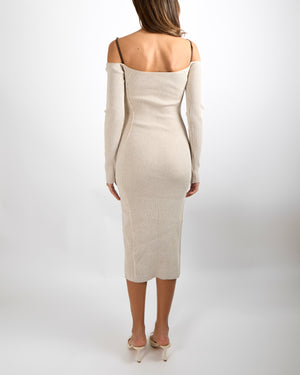 Jacquemus La Robe Sierra Knit Ribbed Midi Dress in Beige with Brown Front Strap with Gold Logo Size FR 32 (UK 4) RRP £550