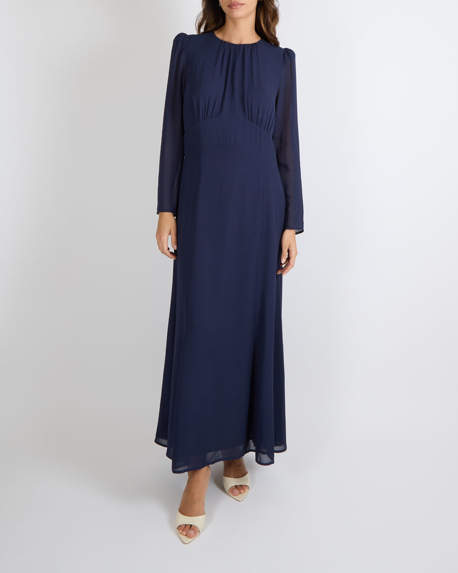 Reformation Navy Long-Sleeved Maxi Dress with Pleated Top Detail Size –  Sellier