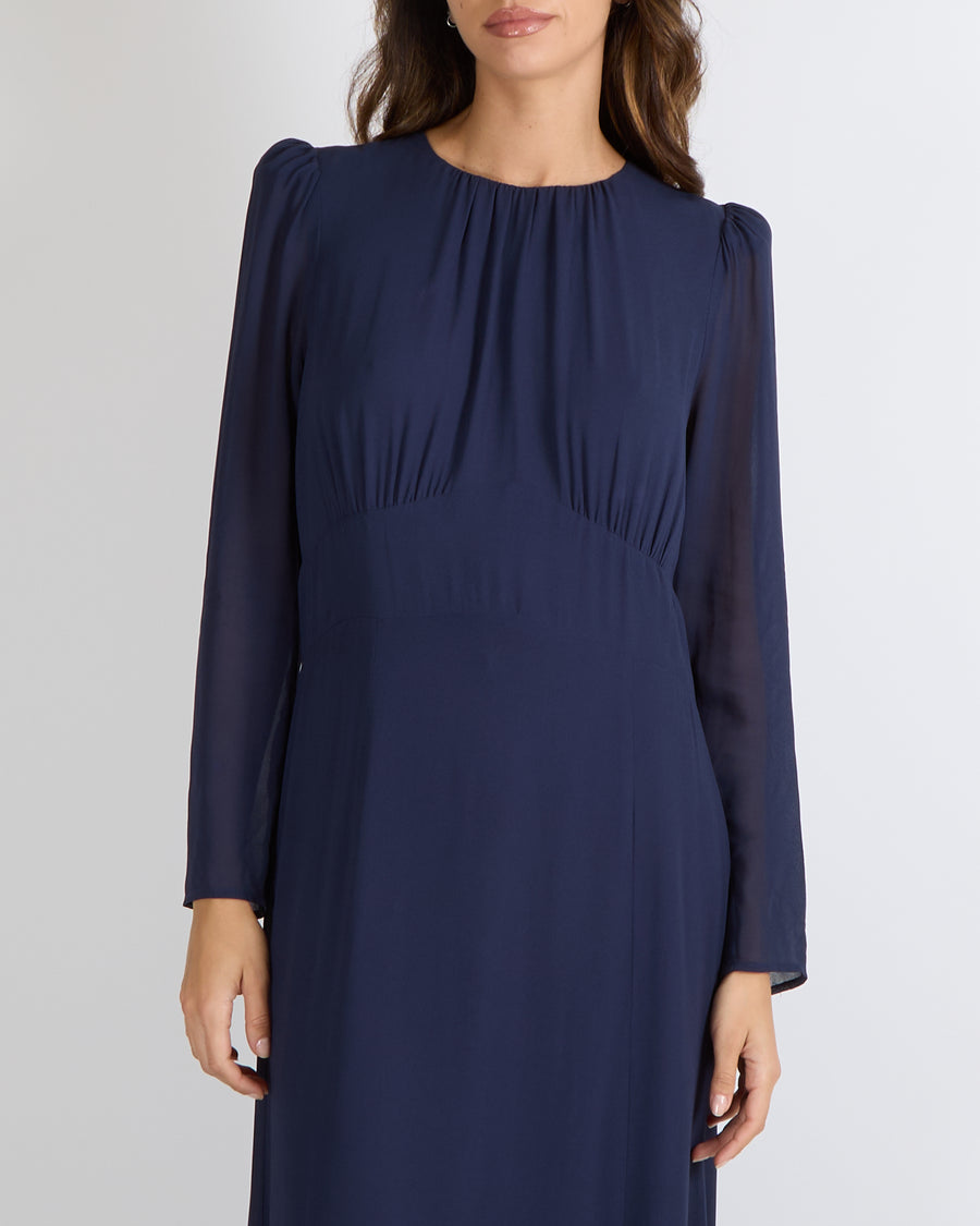 reformation long sleeve maxi dress Reformation Navy Long-Sleeved Maxi Dress with Pleated Top Detail Size –  Sellier