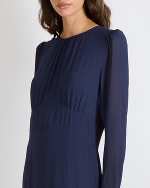 Reformation Navy Long-Sleeved Maxi Dress with Pleated Top Detail Size UK 12