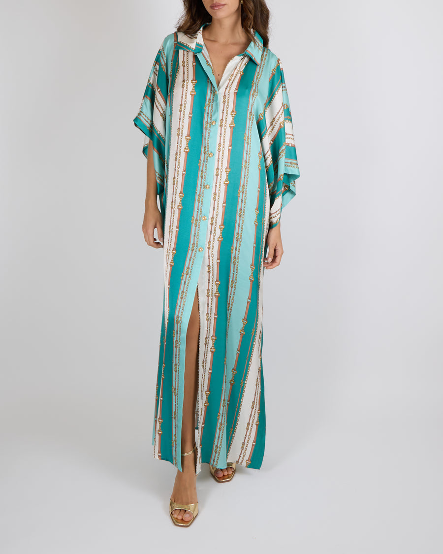 L'Agence Green and White Printed Maxi Kaftan Dress with Gold Buttons S –  Sellier