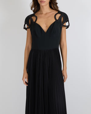 Elie Saab Pre-Fall 2024 Black Sleeveless Gown with Structural Straps and Pleated Skirt Size FR 42 (UK 14)