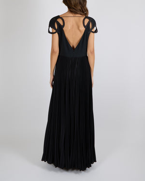 Elie Saab Pre-Fall 2024 Black Sleeveless Gown with Structural Straps and Pleated Skirt Size FR 42 (UK 14)