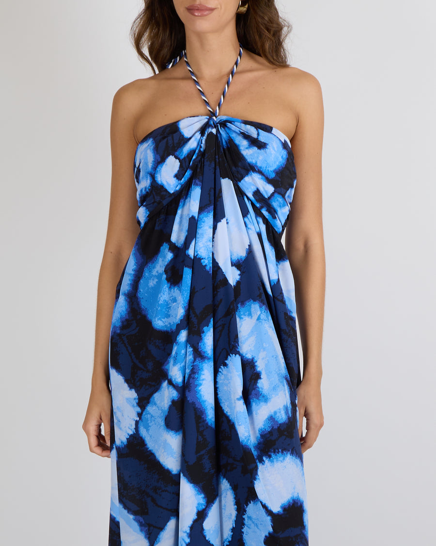 Diane Von Furstenberg Blue Silk Shibori Links Print Aphrodite Jumpsuit with Rope Neck Tie Detail Size L (UK 12)