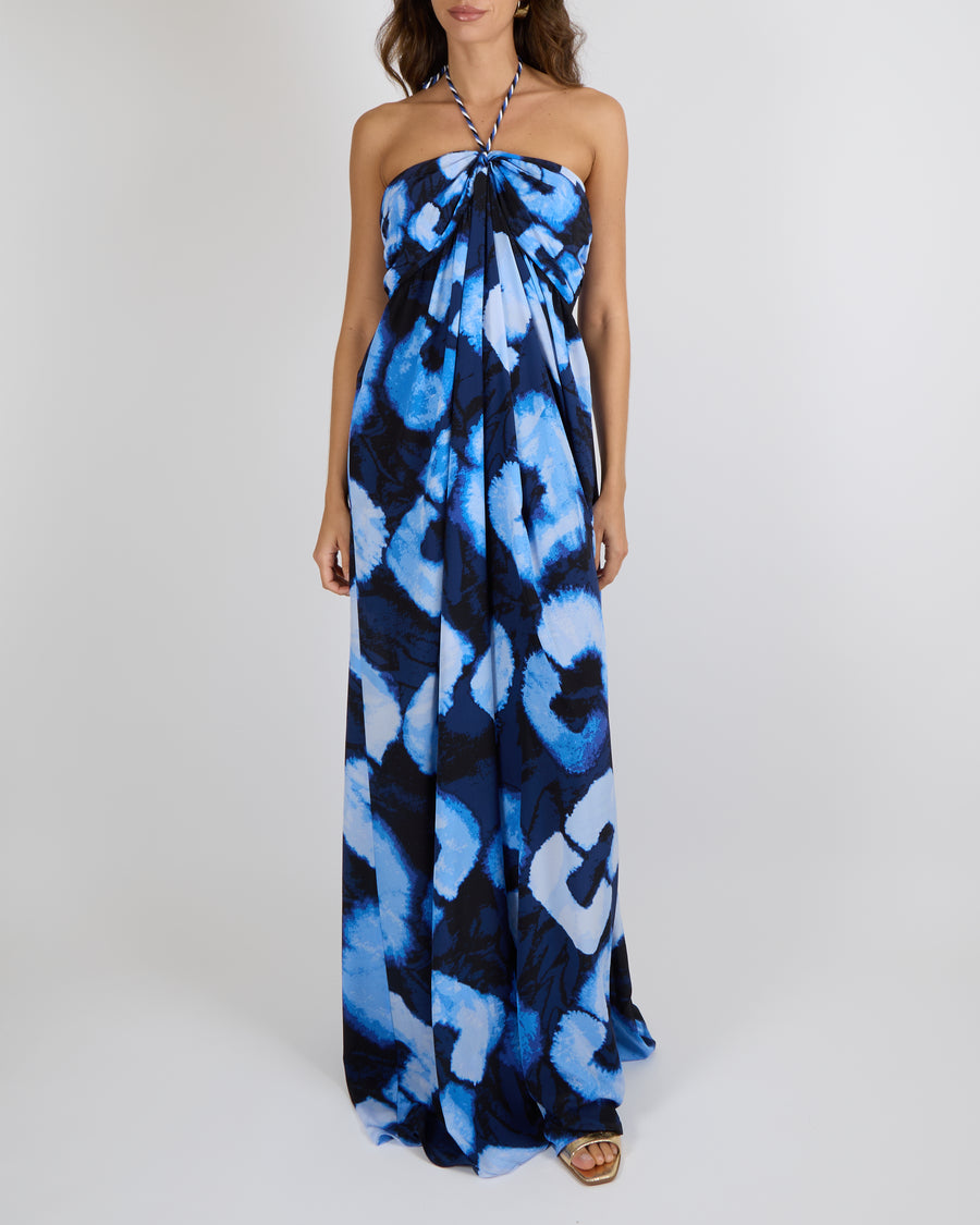 Diane Von Furstenberg Blue Silk Shibori Links Print Aphrodite Jumpsuit with Rope Neck Tie Detail Size L (UK 12)