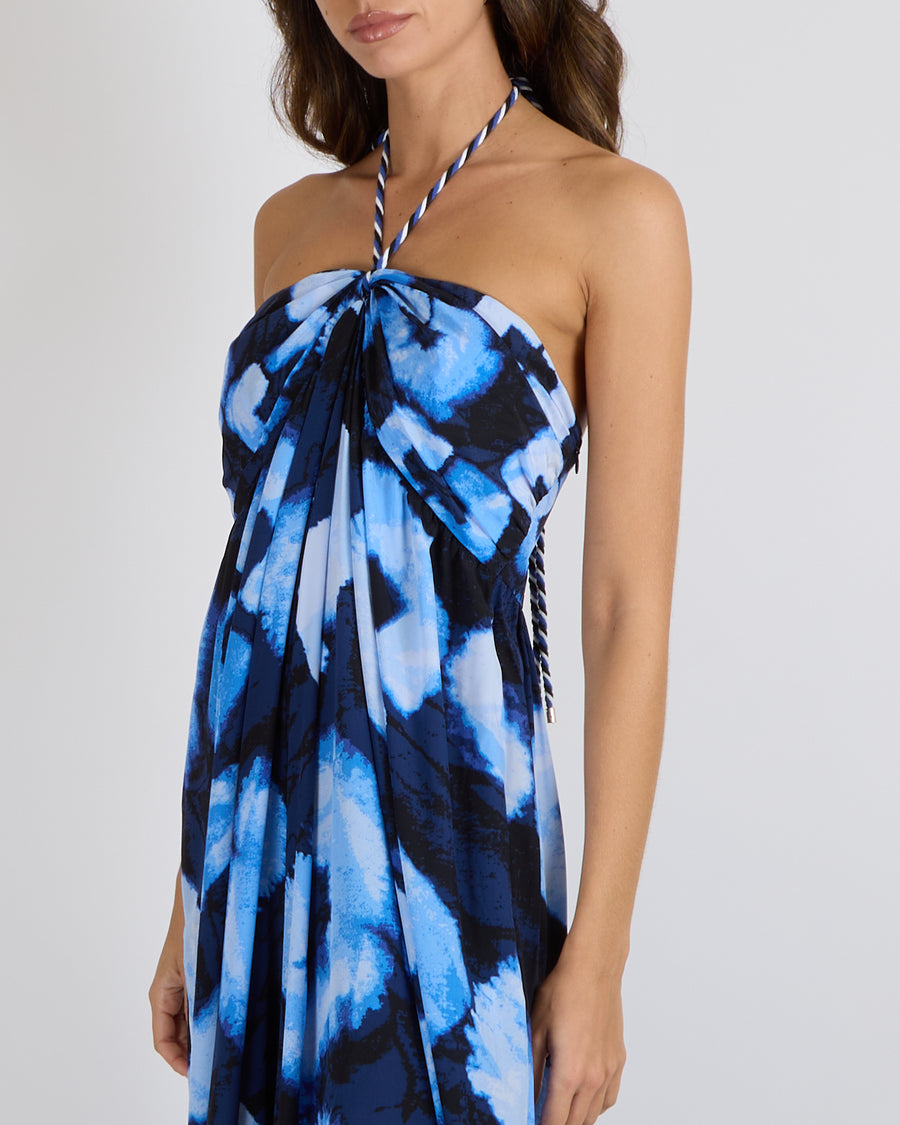 Diane Von Furstenberg Blue Silk Shibori Links Print Aphrodite Jumpsuit with Rope Neck Tie Detail Size L (UK 12)