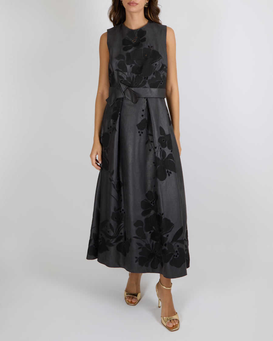Elie Saab Black Leather Effect Sleeveless Gown with Embroidered Flower –  Sellier
