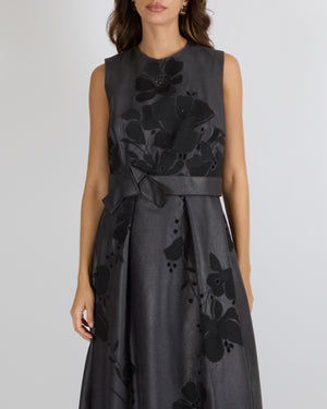 Elie Saab Black Leather Effect Sleeveless Gown with Embroidered Flowers and Belt Detail Size FR 42 (UK 14) RRP £2,990