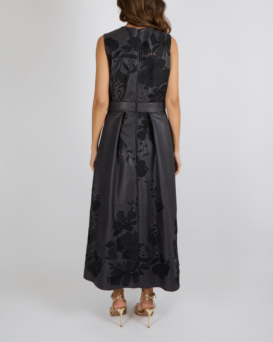 Elie Saab Black Leather Effect Sleeveless Gown with Embroidered Flowers and Belt Detail Size FR 42 (UK 14) RRP £2,990