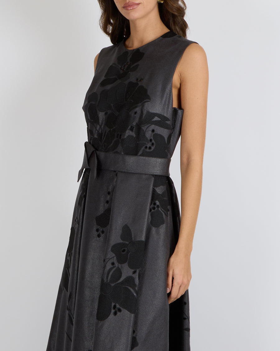 Elie Saab Black Leather Effect Sleeveless Gown with Embroidered Flowers and Belt Detail Size FR 42 (UK 14) RRP £2,990