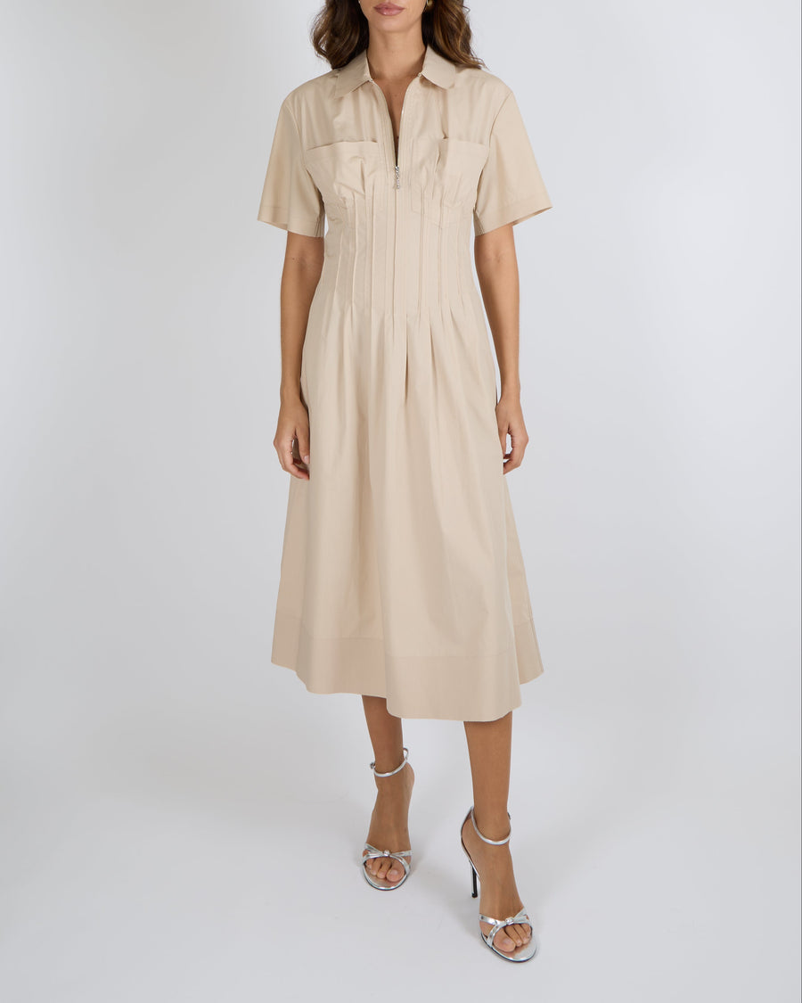 Tory Burch Poplin Short-Sleeved Midi Dress in Dove Grey with Silver Zi –  Sellier