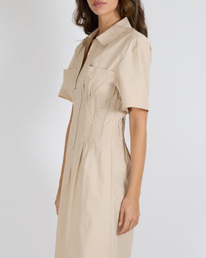 knee length dresses for ladies Tory Burch Poplin Short-Sleeved Midi Dress in Dove Grey with Silver Zi –  Sellier