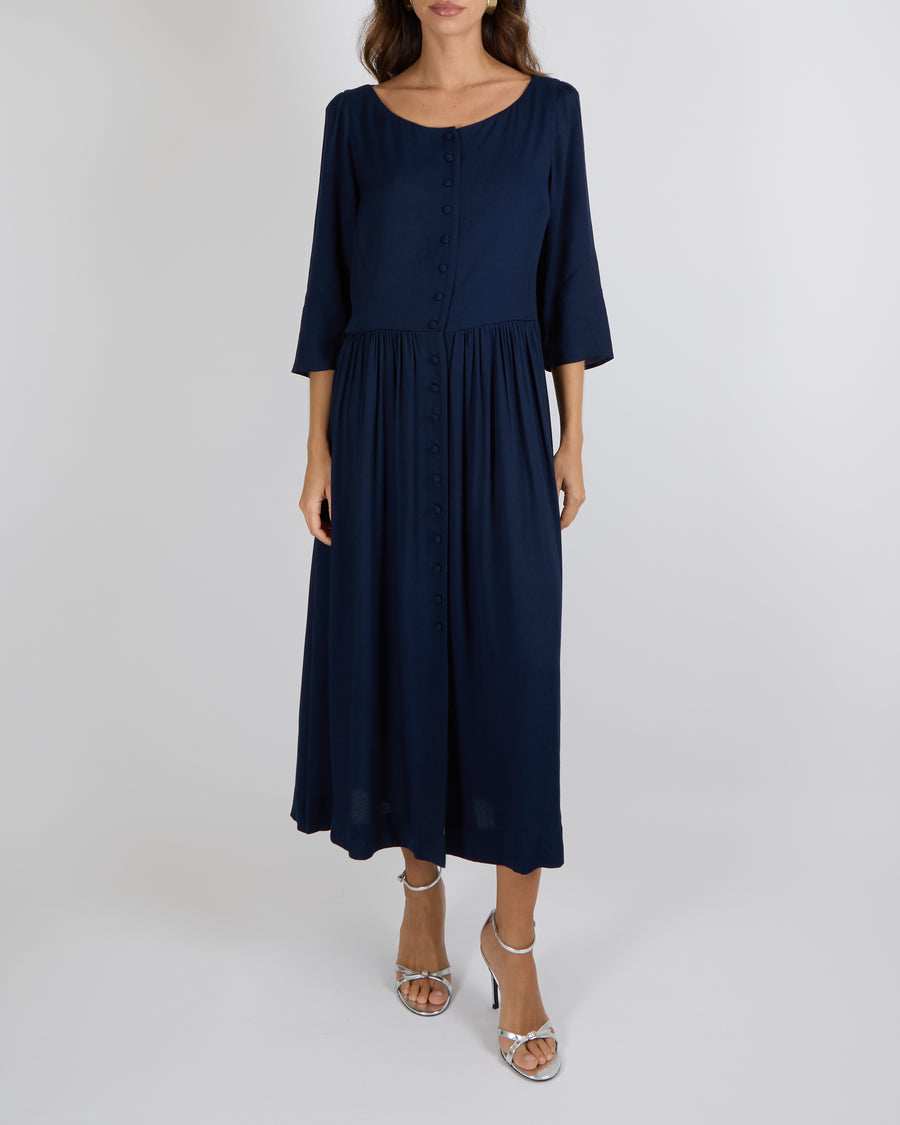Reformation Navy Adair Midi Dress with Front Buttons Size UK 12
