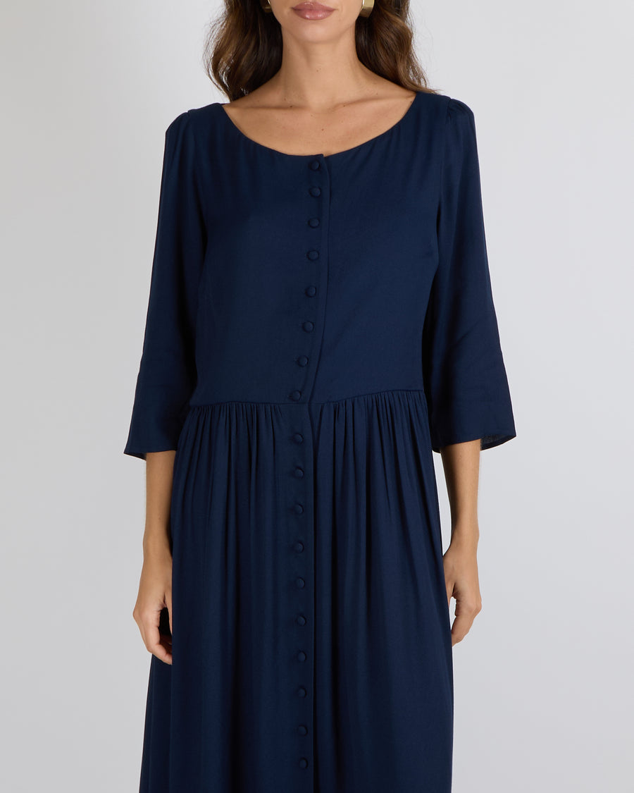 Reformation Navy Adair Midi Dress with Front Buttons Size UK 12