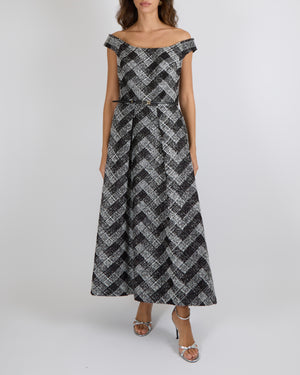 Elie Saab Pre-Fall 2025 Black and White Checked Tweed Sleeveless Gown with Silver Metallic Threads and Black Leather Belt Detail Size FR 42 (UK 14) RRP £4,200