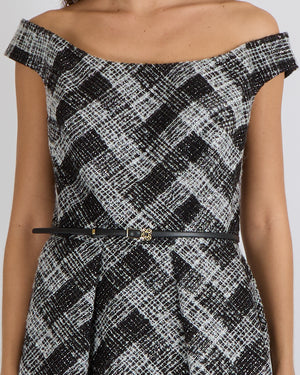 Elie Saab Pre-Fall 2025 Black and White Checked Tweed Sleeveless Gown with Silver Metallic Threads and Black Leather Belt Detail Size FR 42 (UK 14) RRP £4,200