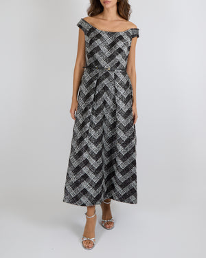 Elie Saab Pre-Fall 2025 Black and White Checked Tweed Sleeveless Gown with Silver Metallic Threads and Black Leather Belt Detail Size FR 42 (UK 14) RRP £4,200