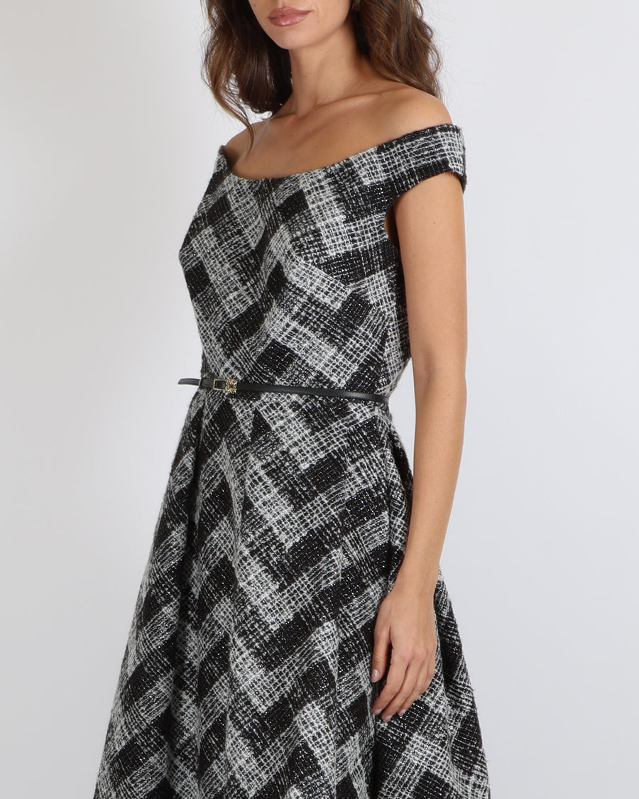 Elie Saab Pre-Fall 2025 Black and White Checked Tweed Sleeveless Gown with Silver Metallic Threads and Black Leather Belt Detail Size FR 42 (UK 14) RRP £4,200