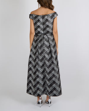 Elie Saab Pre-Fall 2025 Black and White Checked Tweed Sleeveless Gown with Silver Metallic Threads and Black Leather Belt Detail Size FR 42 (UK 14) RRP £4,200
