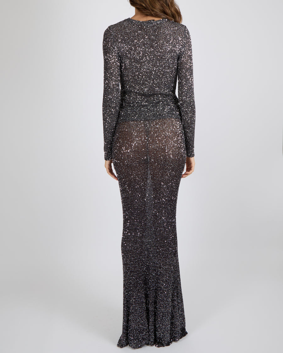Balenciaga Garde Robe Silver Sequin Long-Sleeved Top and Maxi Skirt Set Size M (UK 10) RRP £3,200