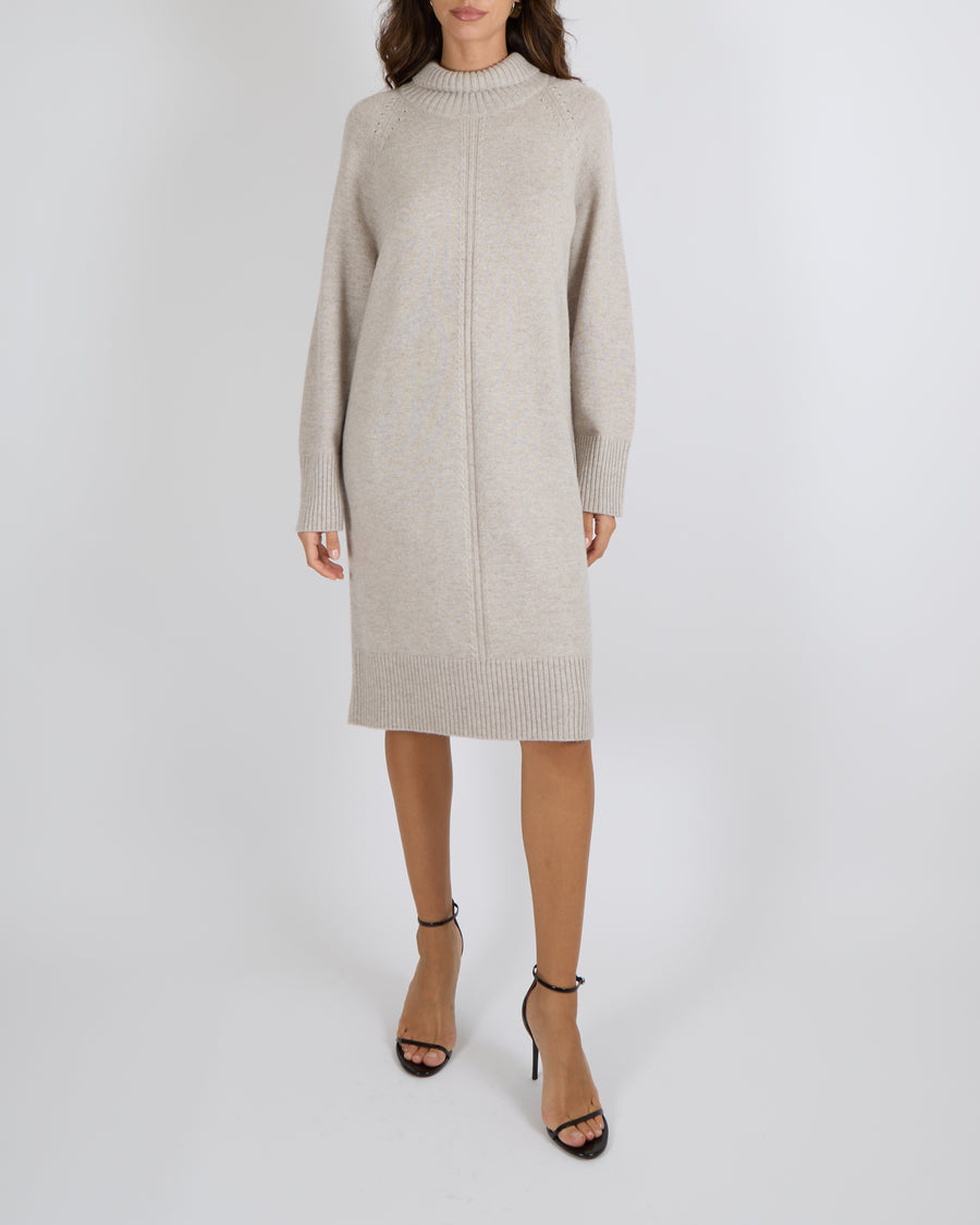 Max Mara Studio Beige Knit High-Neck Long-Sleeved Midi Jumper Dress Size IT 44 (UK 12) RRP £1,040