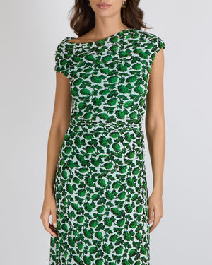 Diane Von Furstenberg Green and White Printed Sleeveless Maxi Dress with Rouched Detail Size L (UK 12)