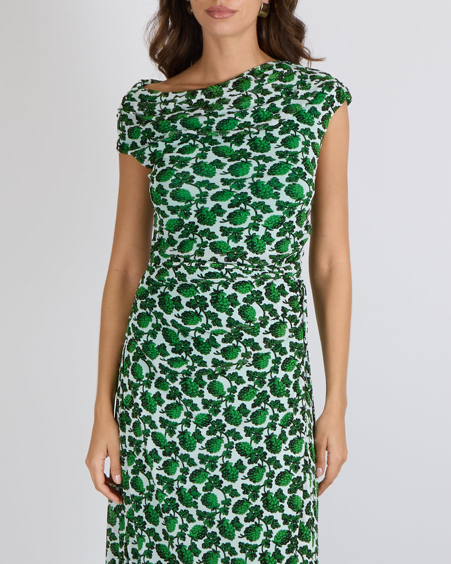 Diane Von Furstenberg Green and White Printed Sleeveless Maxi Dress with Rouched Detail Size L (UK 12)