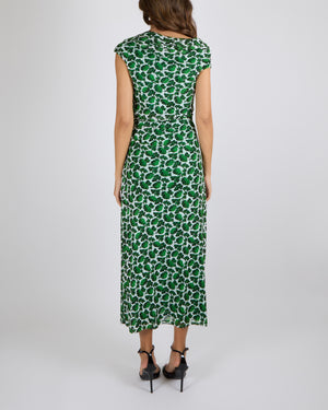 Diane Von Furstenberg Green and White Printed Sleeveless Maxi Dress with Rouched Detail Size L (UK 12)