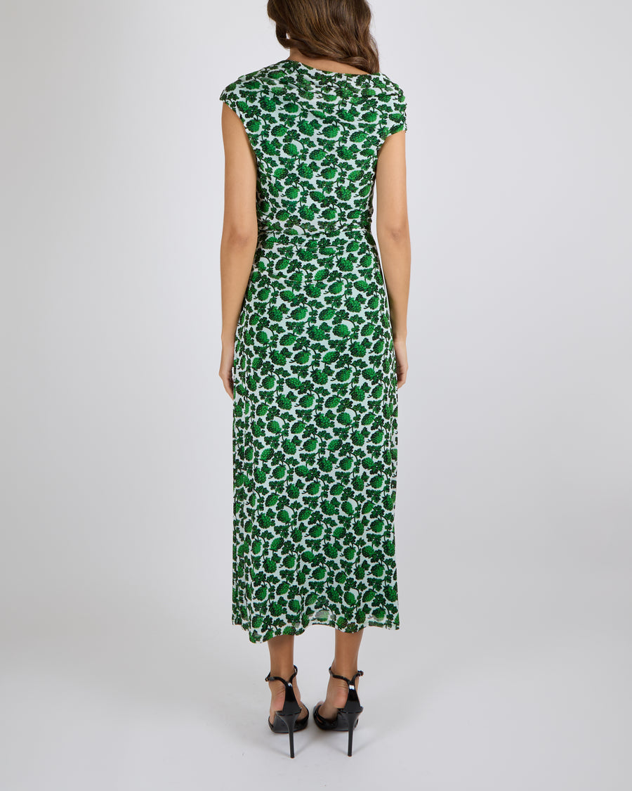 Diane Von Furstenberg Green and White Printed Sleeveless Maxi Dress with Rouched Detail Size L (UK 12)