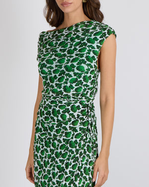 Diane Von Furstenberg Green and White Printed Sleeveless Maxi Dress with Rouched Detail Size L (UK 12)