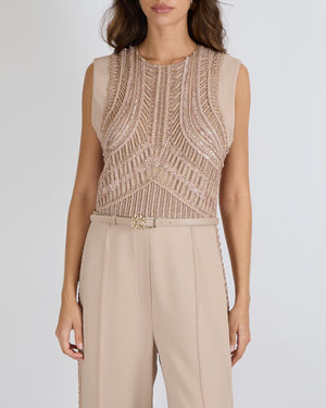 Elie Saab SS24 Beige Sleeveless Jumpsuit with Beading and Leather Belt Detail Size FR 42 (UK 14)