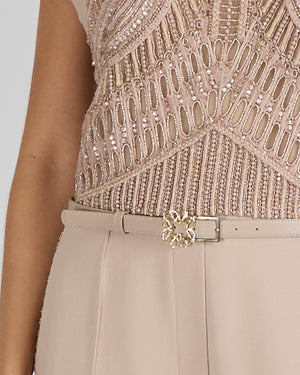 Elie Saab SS24 Beige Sleeveless Jumpsuit with Beading and Leather Belt Detail Size FR 42 (UK 14)
