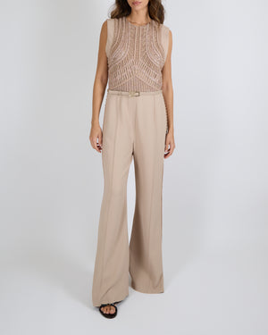 Elie Saab SS24 Beige Sleeveless Jumpsuit with Beading and Leather Belt Detail Size FR 42 (UK 14)
