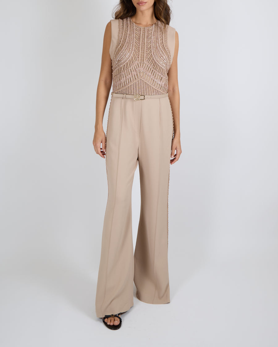 Elie Saab SS24 Beige Sleeveless Jumpsuit with Beading and Leather Belt Detail Size FR 42 (UK 14)
