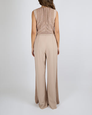 Elie Saab SS24 Beige Sleeveless Jumpsuit with Beading and Leather Belt Detail Size FR 42 (UK 14)