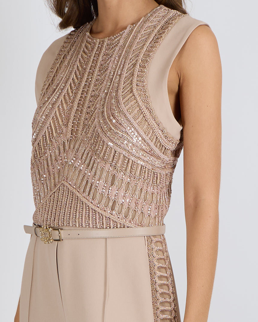 Elie Saab SS24 Beige Sleeveless Jumpsuit with Beading and Leather Belt Detail Size FR 42 (UK 14)